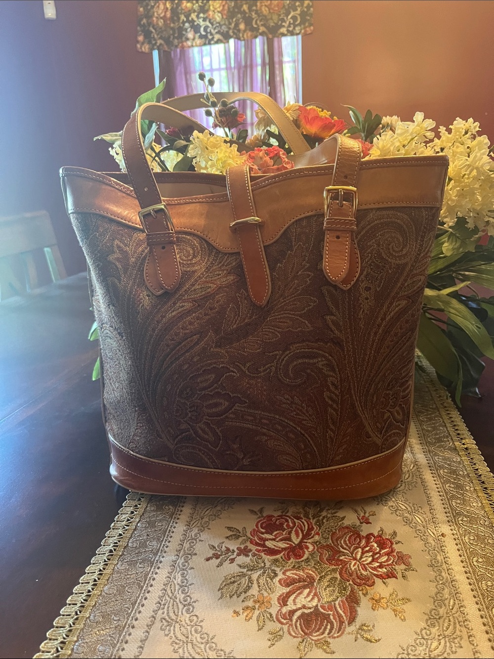 Leather-Trim Brown Paisley Tote Bag
